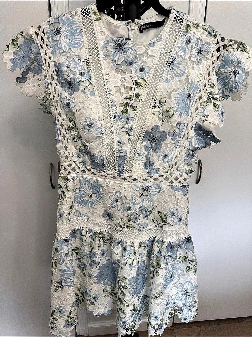INA Light Blue Short Sleeve Floral Lace Panelling Mini Dress Floral Lace Mini